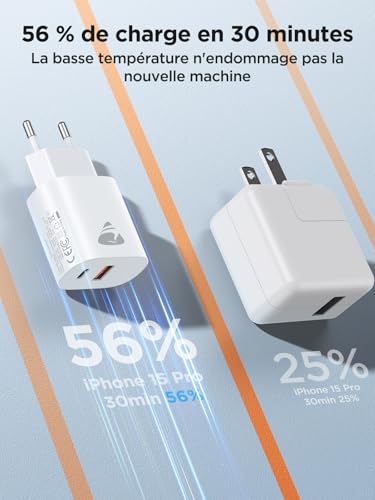 2Pack Chargeur USB C 20W pour iPhone 16 15 14 13 12 11 Pro Max XS XR X 8 7 6 SE iPad Samsung Galaxy Téléphone
Chargeur 