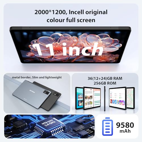 "Beynivan Tablette 11 Pouces Android 15 avec 4G LTE/5G, 36GB RAM + 256GB ROM, Écran 9580mAh avec Face ID, Clavier détach