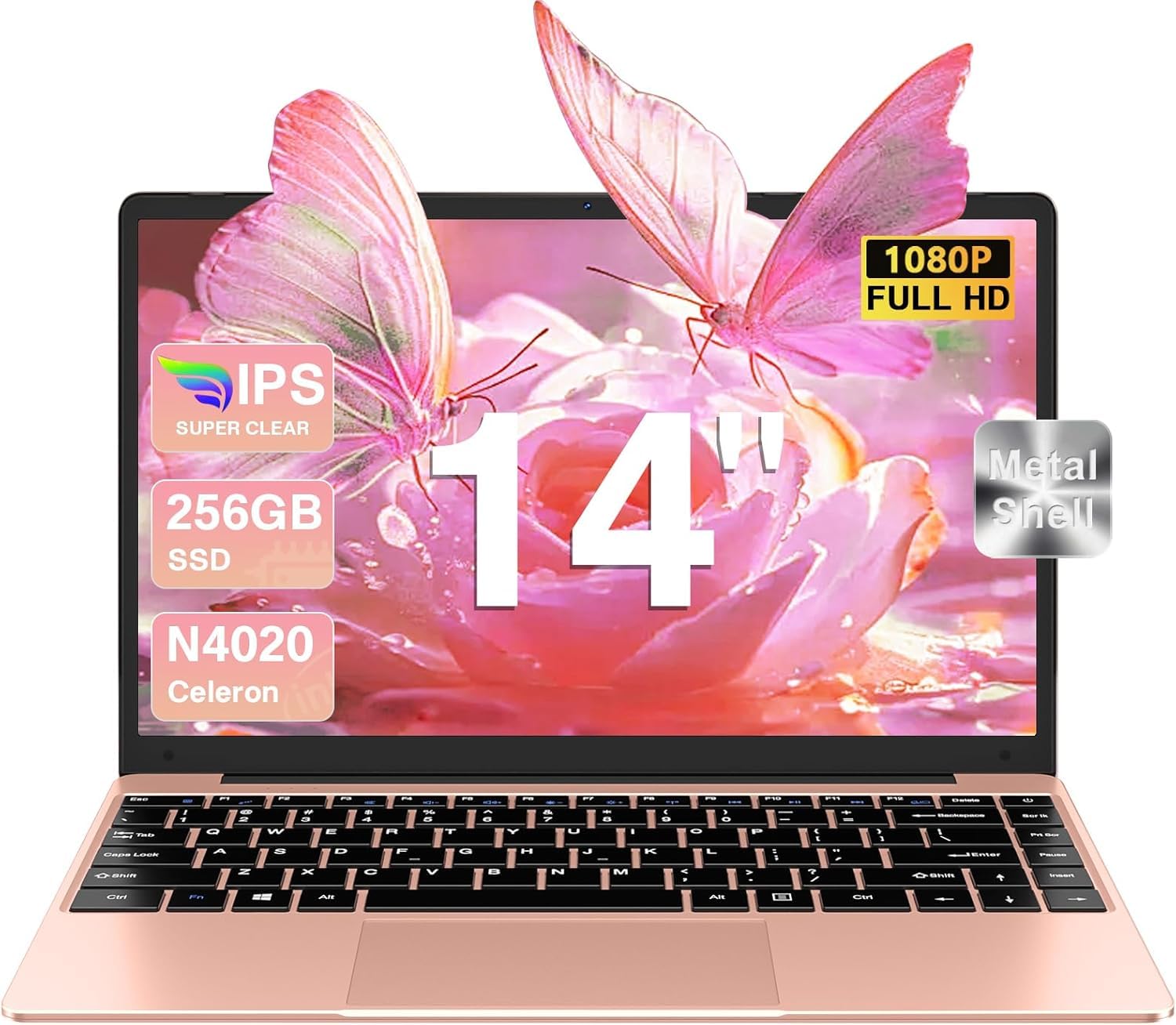 bvate Ordinateur Portable 14 Pouces 256 Go Win 11 N4020 1080P |4G+5G WiFi Mini HDMI & Souris sans Fil - Gold