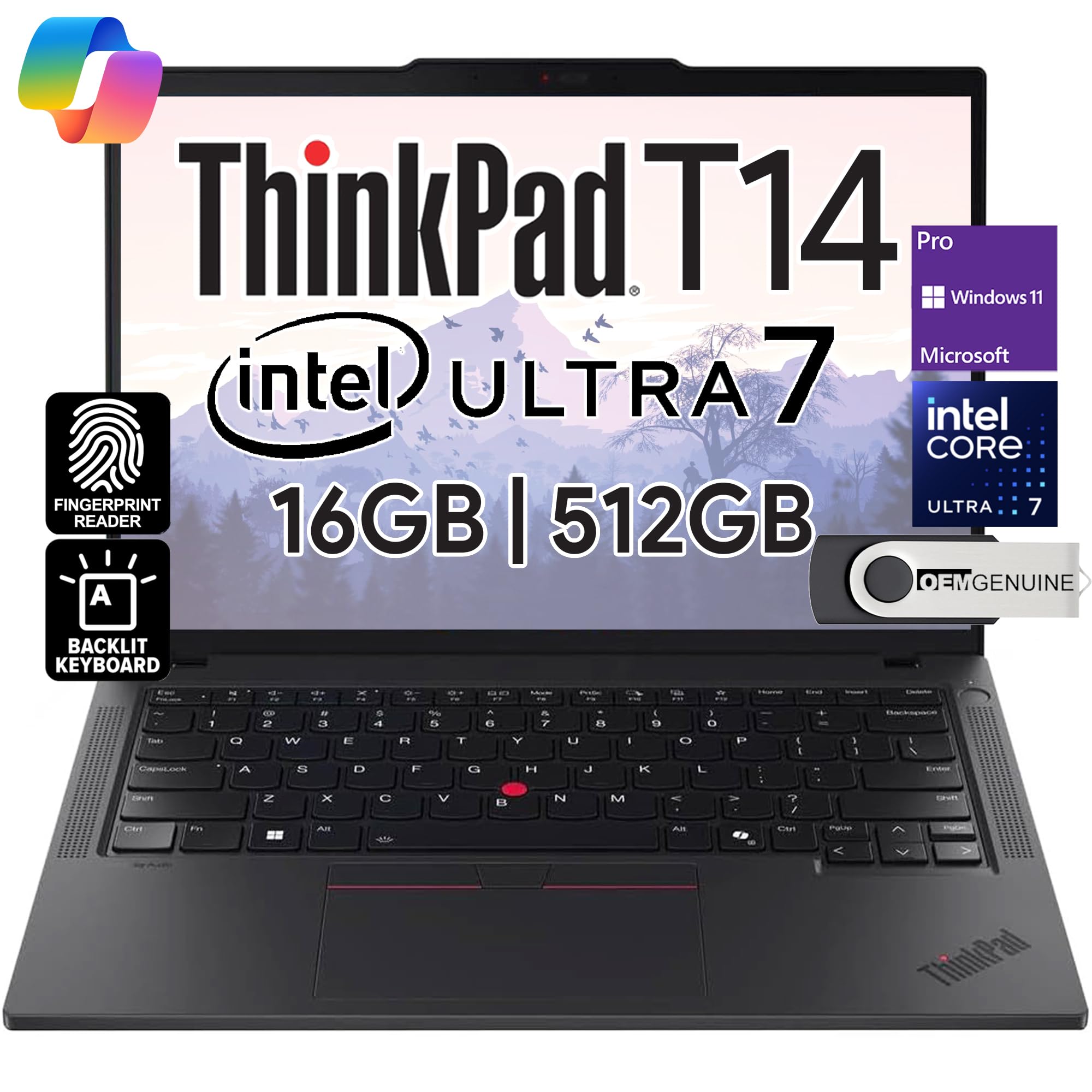 Lenovo ThinkPad T14 Ordinateur portable professionnel (14" FHD+ IPS, Intel Ultra 7 155U, 16 Go DDR5, 512 Go SSD) - Ordin