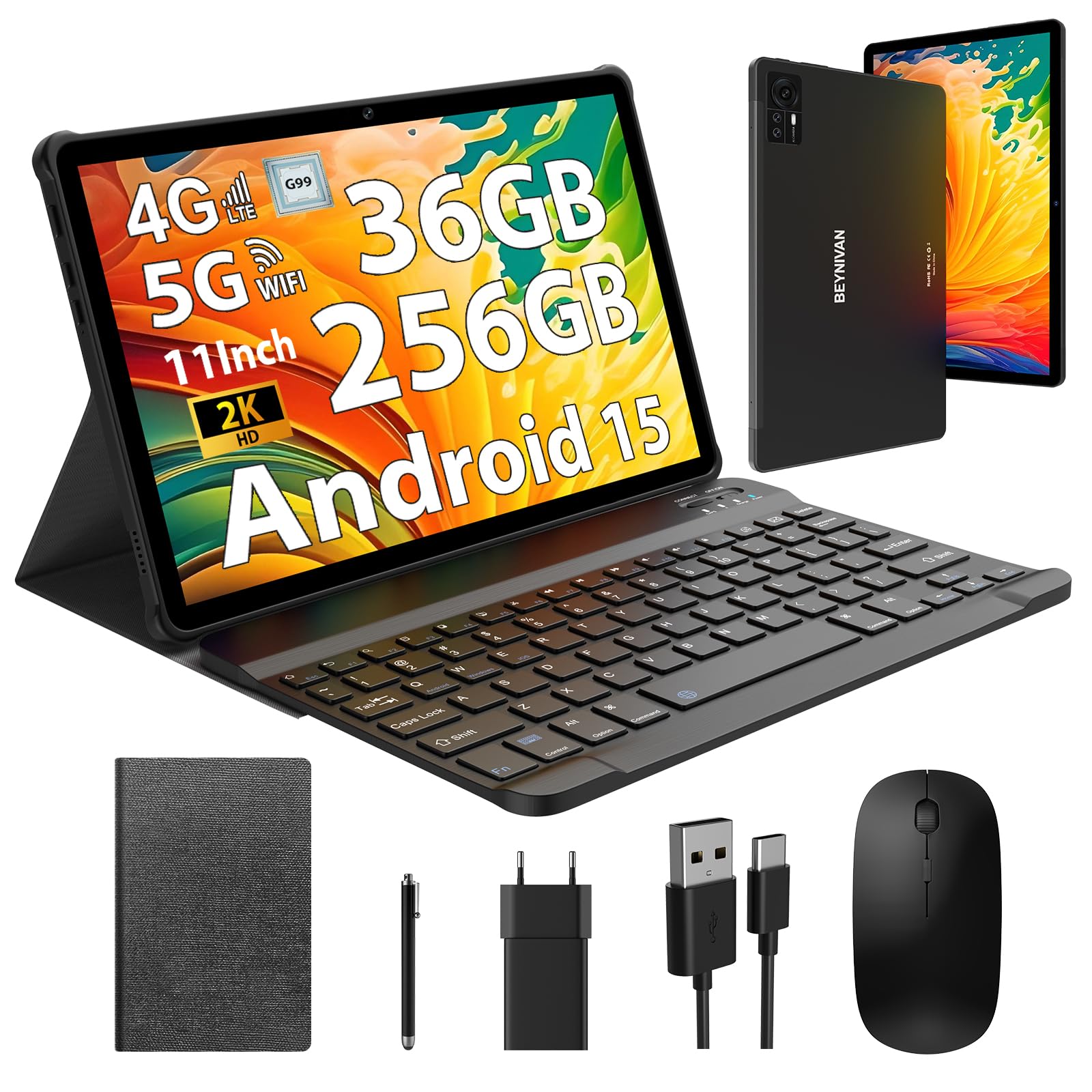 "Beynivan Tablette 11 Pouces Android 15 avec 4G LTE/5G, 36GB RAM + 256GB ROM, Écran 9580mAh avec Face ID, Clavier détach